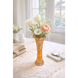 Antique Dugan Marigold Carnival Glass Lattice & Points Vase 9” Tall Ruffled Rim